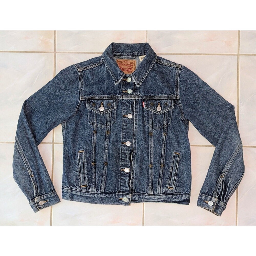 Levi's Women's M Original Trucker Blue Jean Jacket Dark Denim Bronze Metal Stars